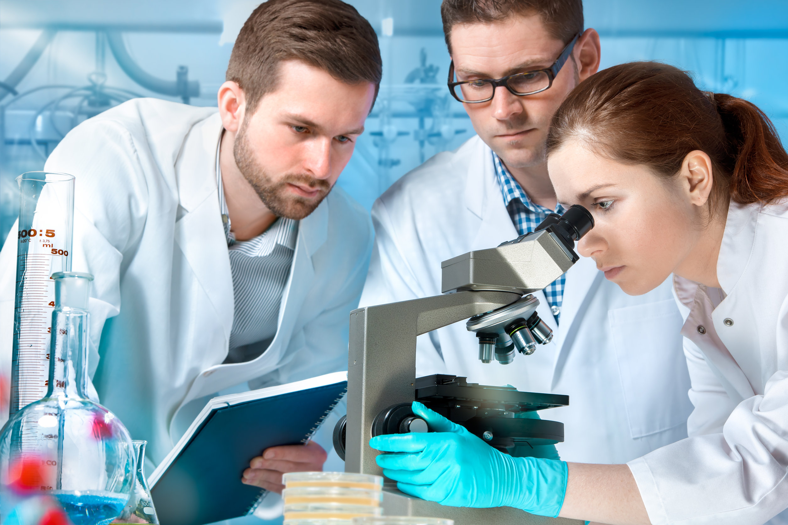 Leider haben wir keinen Titel zu diesem Bild. Wir arbeiten daran und bitten um Ihr Verständnis. Drei Wissenschaftler*innen über einem Mikroskop