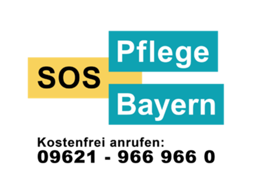 Vor einem neutralen Hintergrund werden die Text-Karten  "Pflege", "S-O-S", "Bayern" aufgezeigt, darunter wir auf den kostenfreien Anruf unter der Nummer 09621 966 966 0 hingewiesen