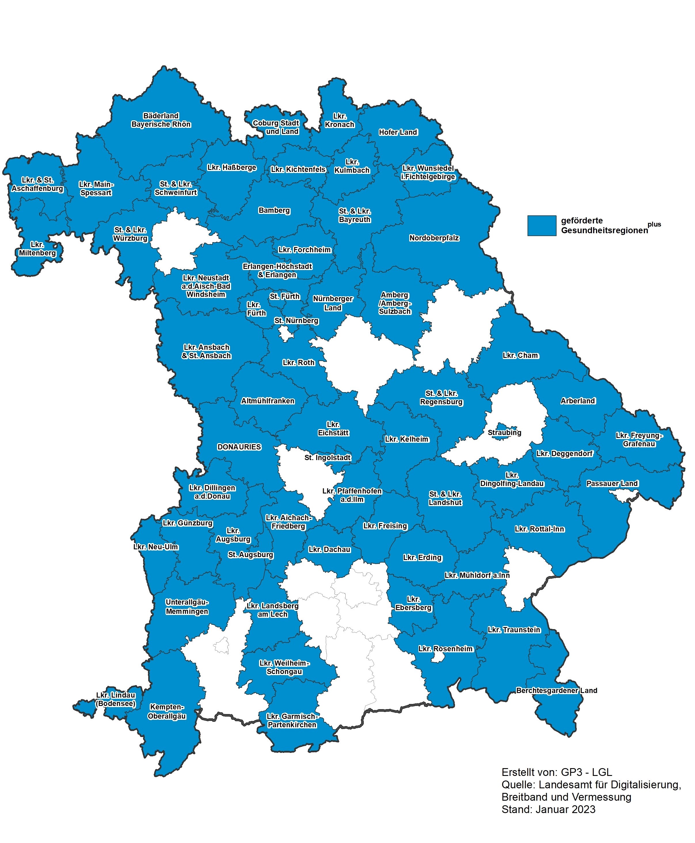 Karte mit gekennzeichneten Gesundheitsregionenplus