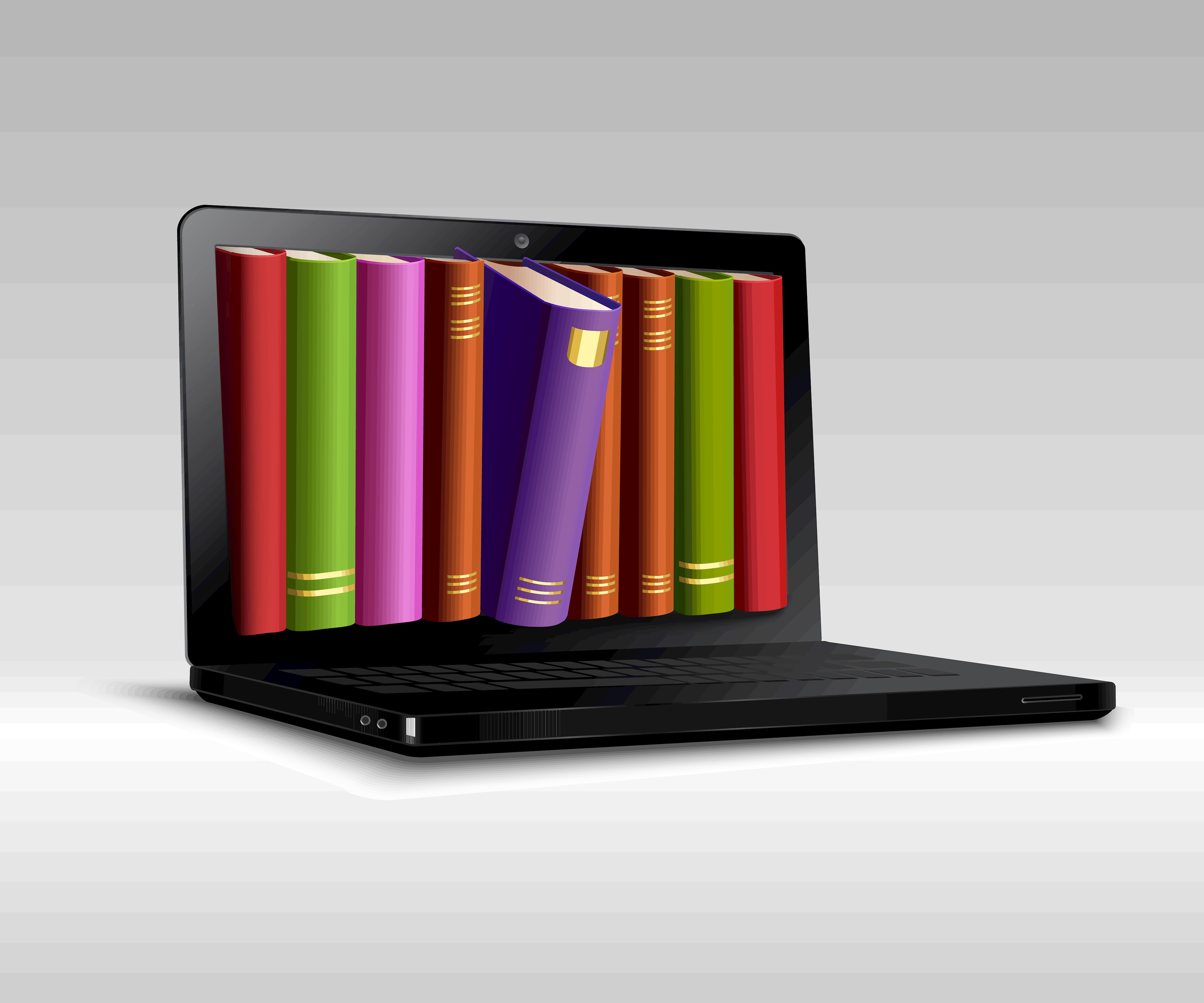Display eines Laptops zeigt Bücher